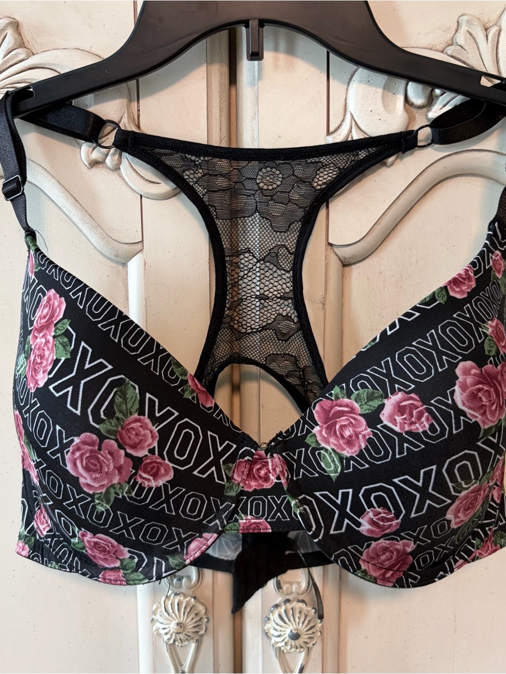 XOXO Black Lace-Back Push-Up Bra with Pink Rose Print 36D